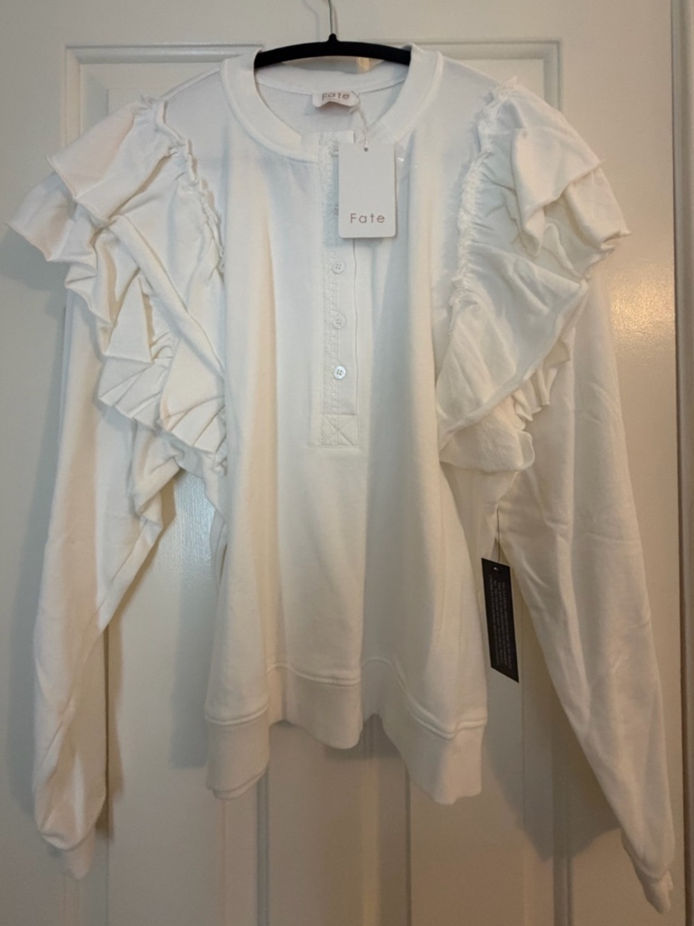 Fate White Ruffle-Sleeve Henley Sweatshirt